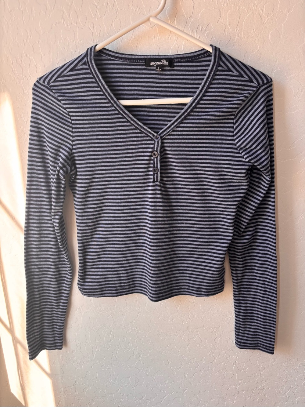 Sugarlips Navy & Gray Striped Long Sleeve Henley